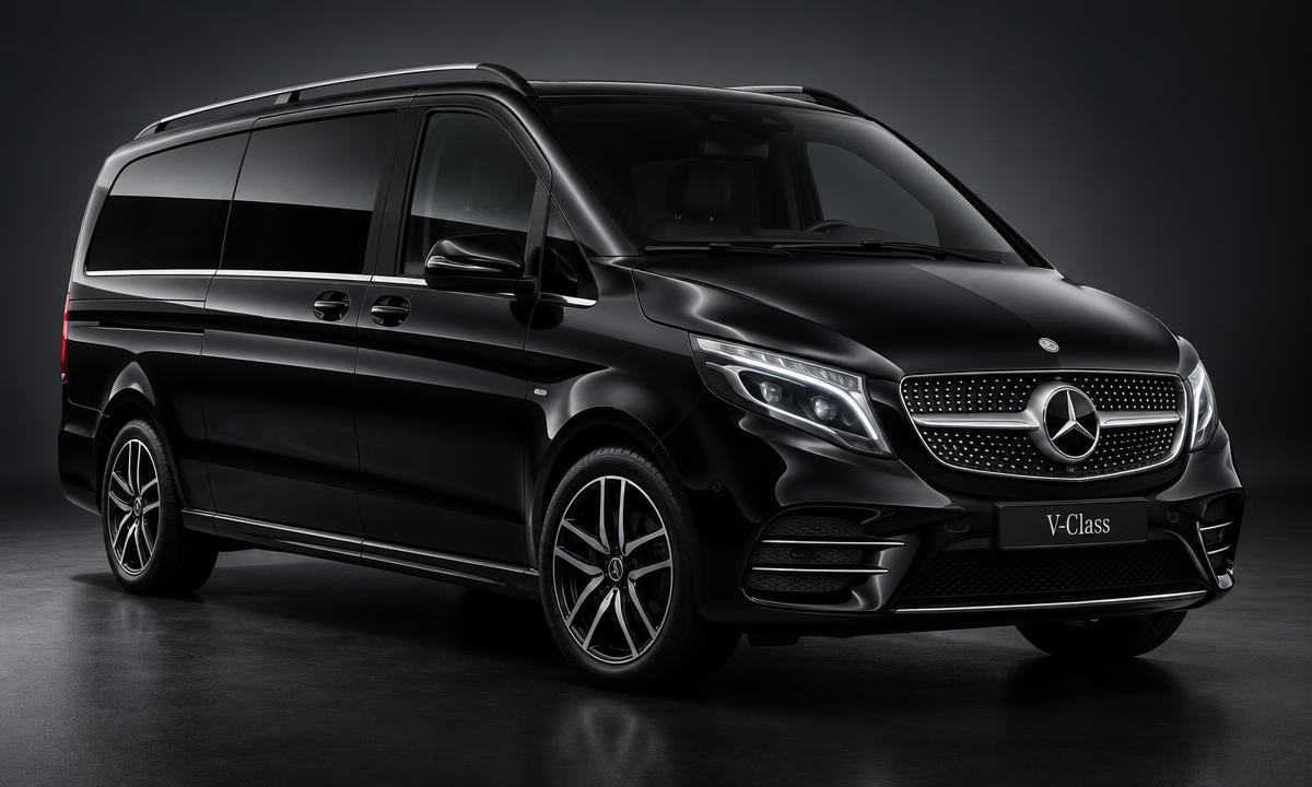 Black Mercedes V-Class 6 seater MPV taxi for family airport transfers from Welwyn